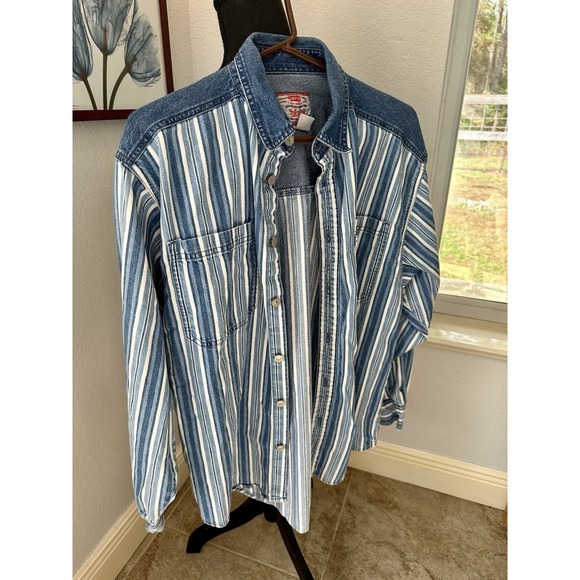 Levi's Striped Boys XL 20 Blue Denim Western Button Up Long Sleeve Pockets - Picture 3 of 11